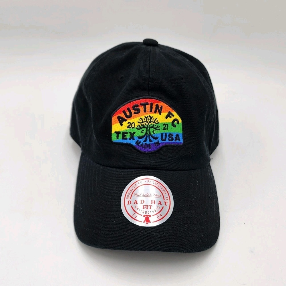 Austin FC Pride Dad Hat Cap Strap Back Mitchell & Ness Black Rainbow